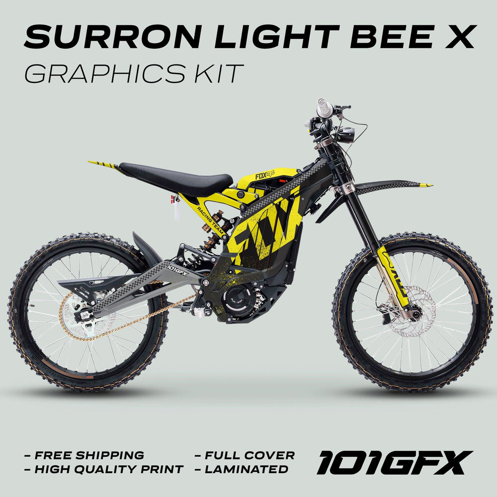 Surron Light Bee X Graphics Kit FOX DUST Black Yellow on a bike, highlighting full coverage design, free shipping, and durable, easy-to-install laminated material.
