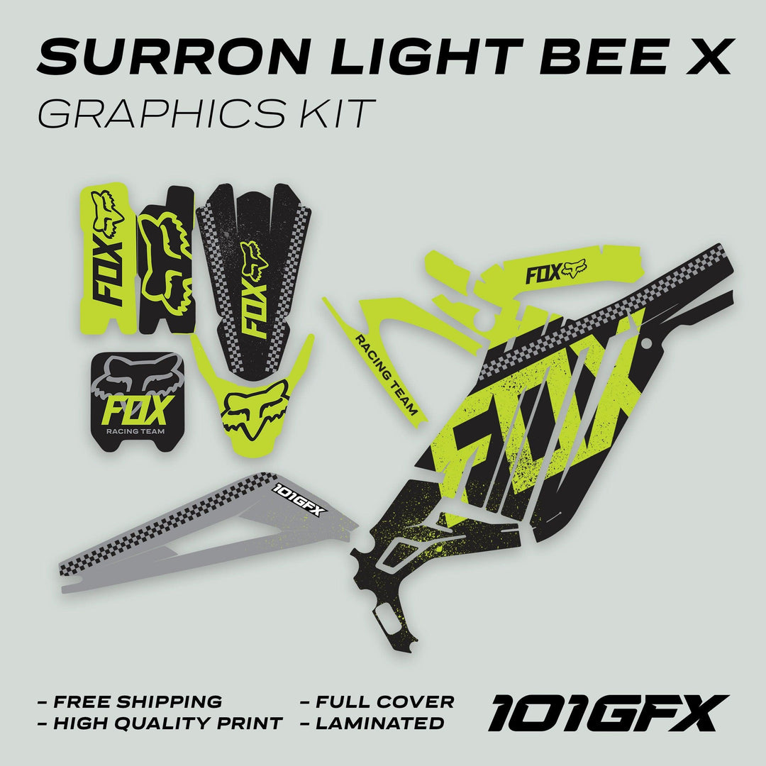 Surron Light Bee X Graphics Kit FOX DUST Black Green with neon-yellow/black decals featuring FOX logos, checker patterns, and product highlights like free shipping and high-quality print.