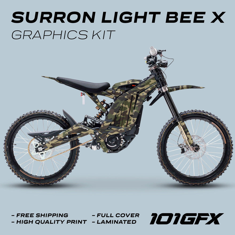 Surron Light Bee X Graphics Kit Camouflage Original Camo on bike, with callouts: free shipping, high quality print, full cover, laminated, and 101GFX logo.