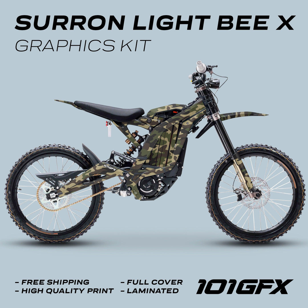 Surron Light Bee X Graphics Kit Camouflage Original Camo on bike, with callouts: free shipping, high quality print, full cover, laminated, and 101GFX logo.