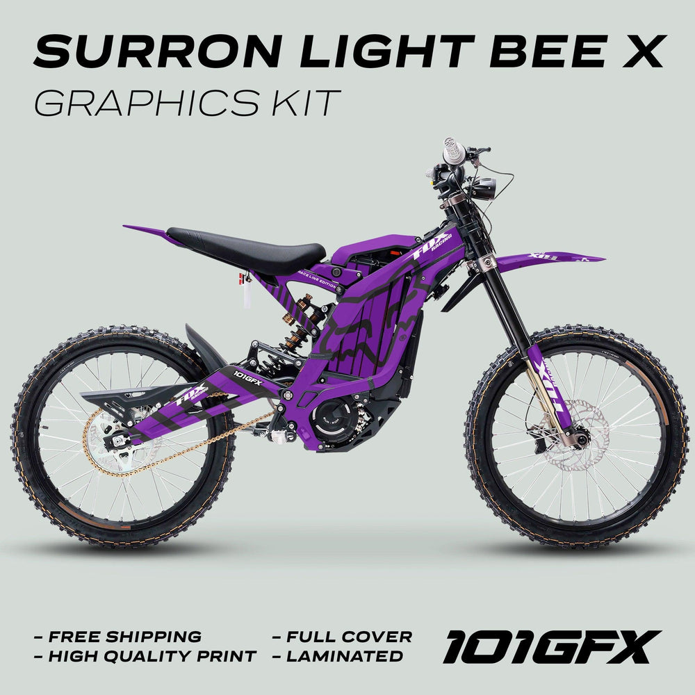 Surron Light Bee X Graphics Kit FOX RACE LINE Purple Black, showcasing durable, laminated decals in a vibrant design against a gray backdrop, emphasizing free shipping and high-quality print.
