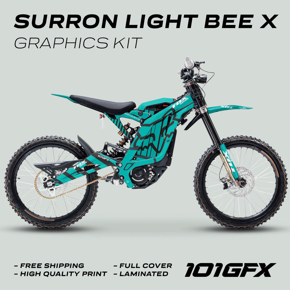 Surron Light Bee X Graphics Kit FOX RACE LINE Mint Black on electric bike; teal-and-black decals, promoting free shipping, high-quality print, full cover, laminated finish.