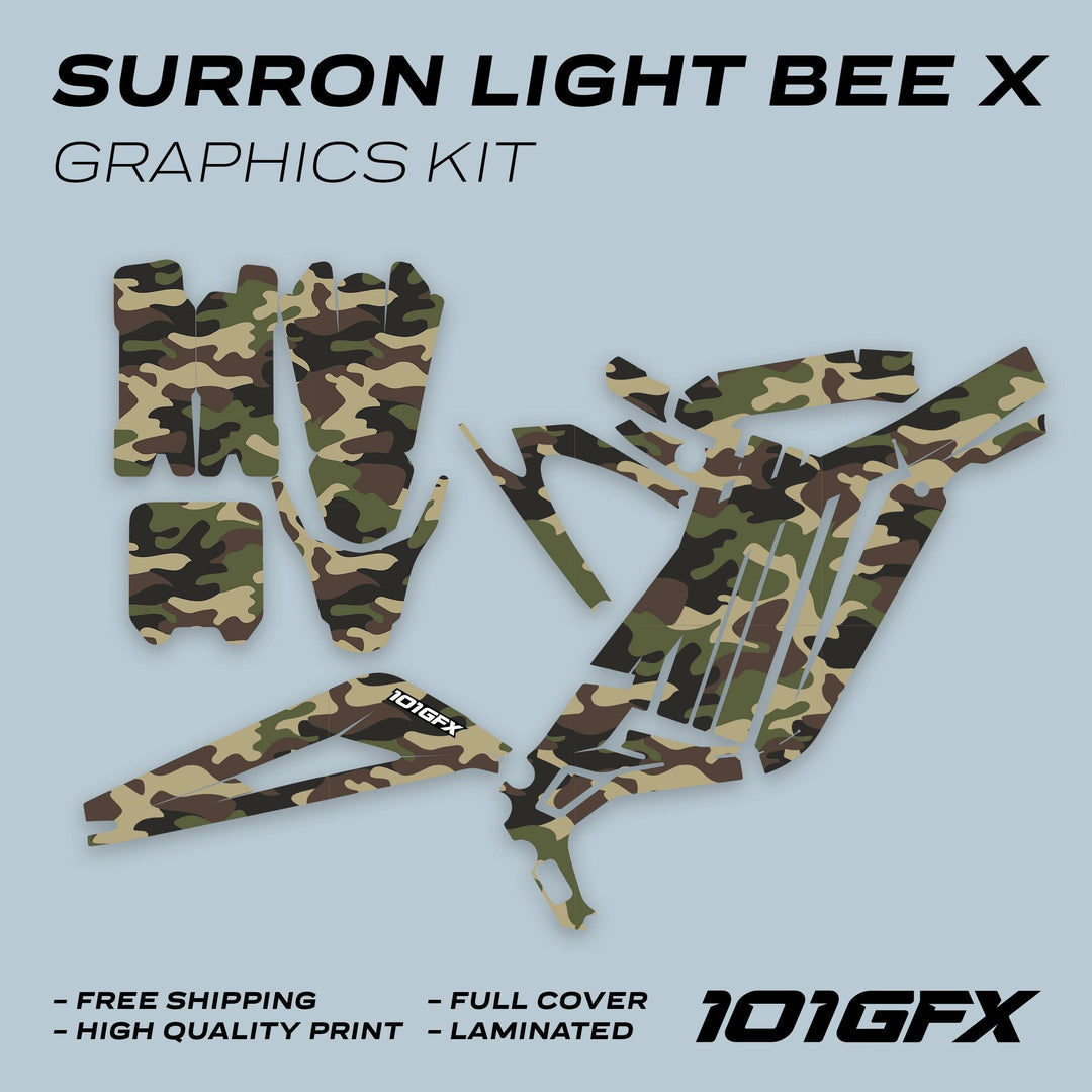 Surron Light Bee X Graphics Kit Camouflage Original Camo showcasing camouflage-pattern vinyl decals with callouts for free shipping, high-quality print, full cover, and laminated finish.