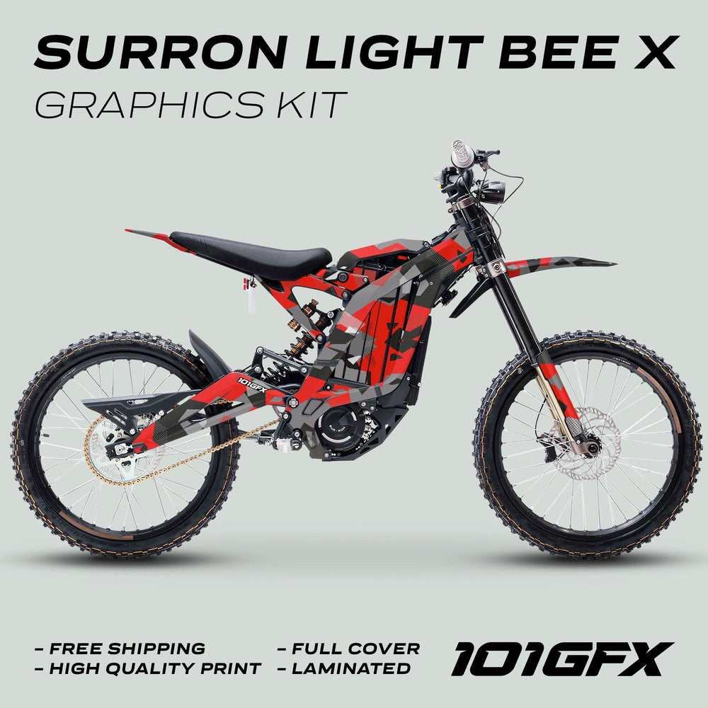 Surron Light Bee X Graphics Kit GEOTECH RED in camouflage style, showcasing sleek design and durability, with free shipping and high-quality print features.