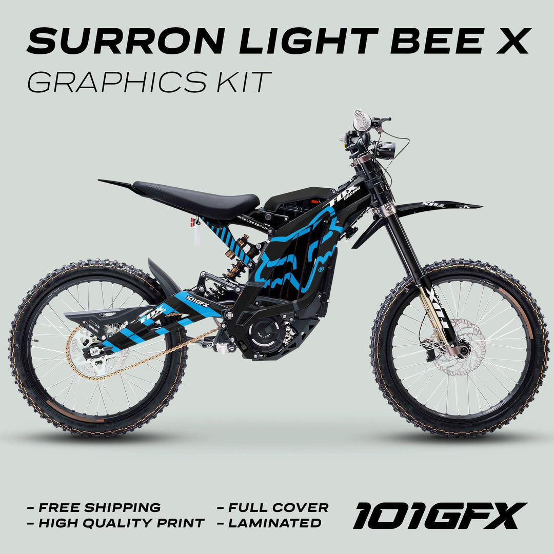 Surron Light Bee X Graphics Kit FOX RACE LINE Black Blue displayed, showcasing custom blue-and-black decals on the bike, highlighting free shipping, high-quality print, full cover, laminated.