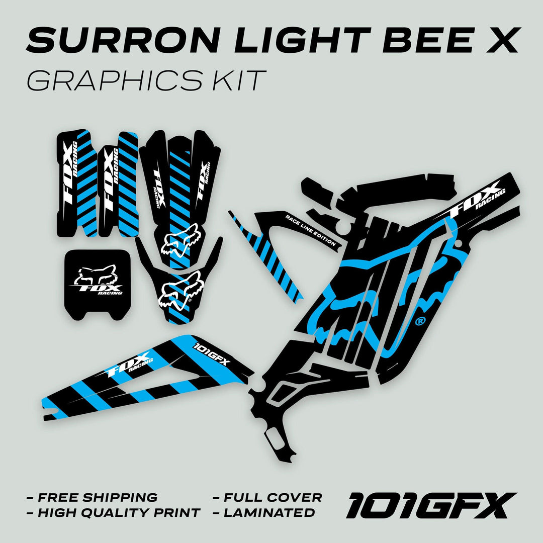 Surron Light Bee X Graphics Kit FOX RACE LINE Black Blue, featuring black panels with blue stripes and Fox logos, includes fork guards, frame panels, and number plates.