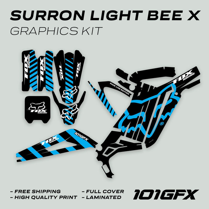 Surron Light Bee X Graphics Kit FOX RACE LINE Black Blue, featuring black panels with blue stripes and Fox logos, includes fork guards, frame panels, and number plates.