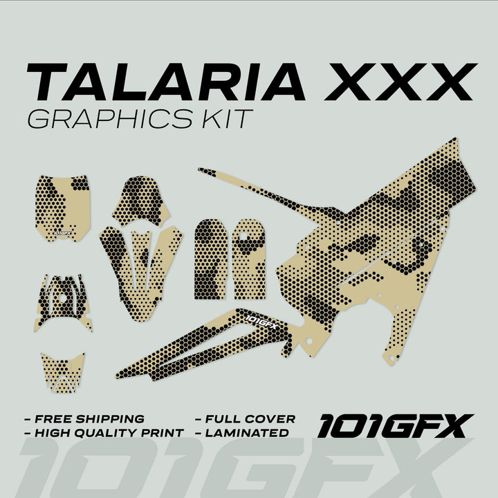 Talaria XXX Graphics Kit HEXOCAM Sande Beige decals laid out, showcasing fender, fork guards, and more, with features like high-quality print and laminated finish highlighted.