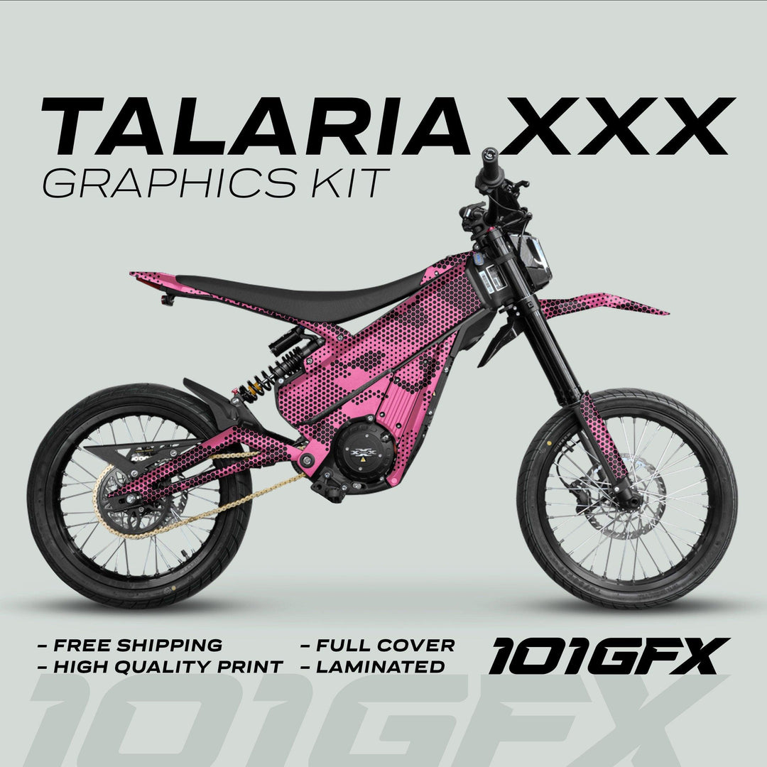 Talaria XXX Graphics Kit HEXOCAM Pink on e-dirt bike, showcasing dotted pink-and-black design, promoting free shipping, high-quality print, full cover, and laminated finish.