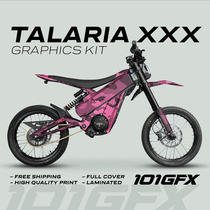 Talaria XXX Graphics Kit HEXOCAM Pink on e-dirt bike, showcasing dotted pink-and-black design, promoting free shipping, high-quality print, full cover, and laminated finish.