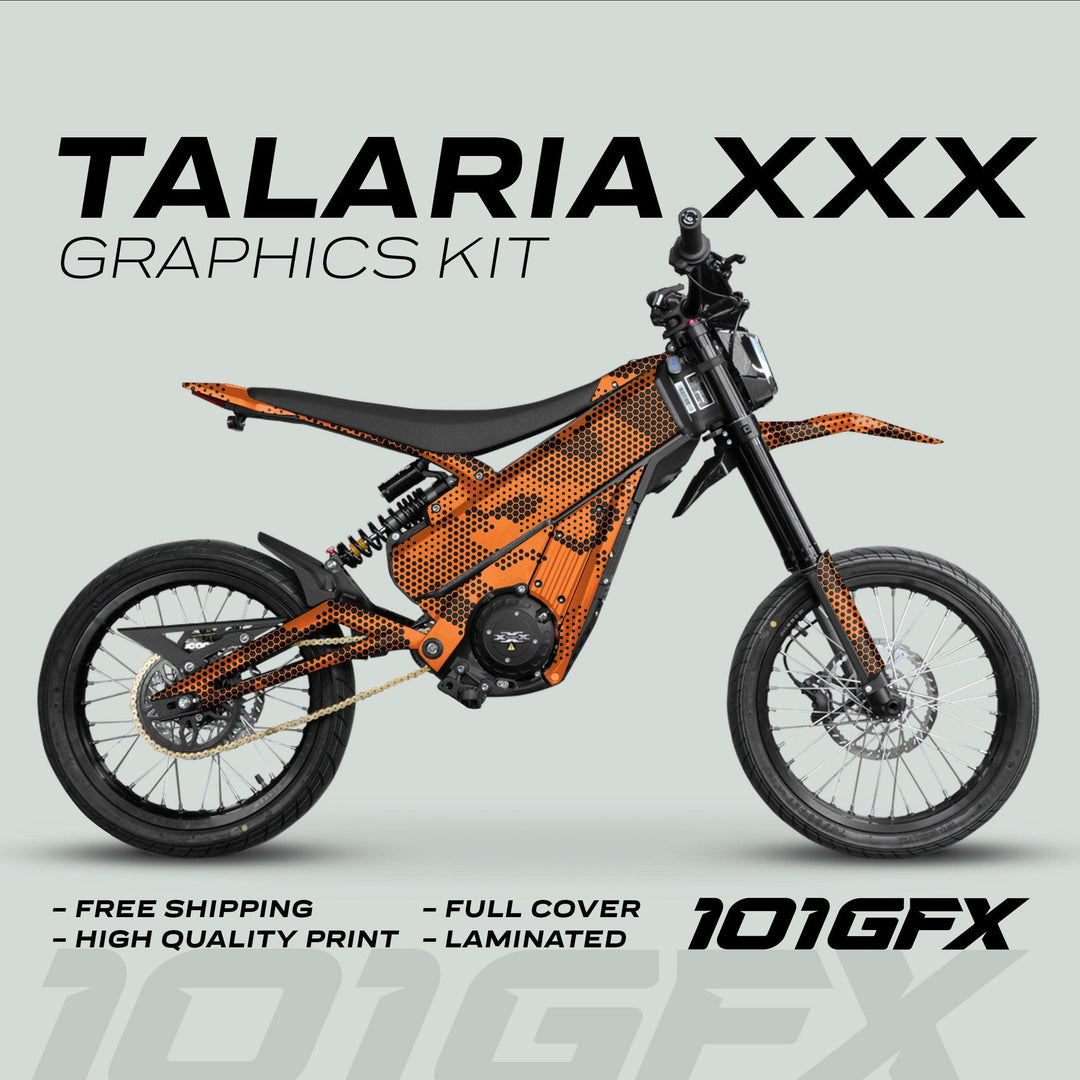 Talaria XXX Graphics Kit HEXOCAM Orange on electric bike, showcasing vibrant orange-black dotted wrap and features like FREE SHIPPING, HIGH QUALITY PRINT, and LAMINATED. 101GFX logo visible.