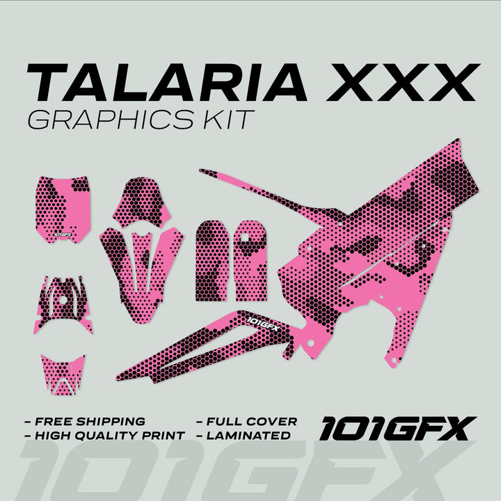 Talaria XXX Graphics Kit HEXOCAM Pink showing die-cut decals: front fender, shrouds, and more in pink-black honeycomb pattern. Features include high-quality print, laminated finish.