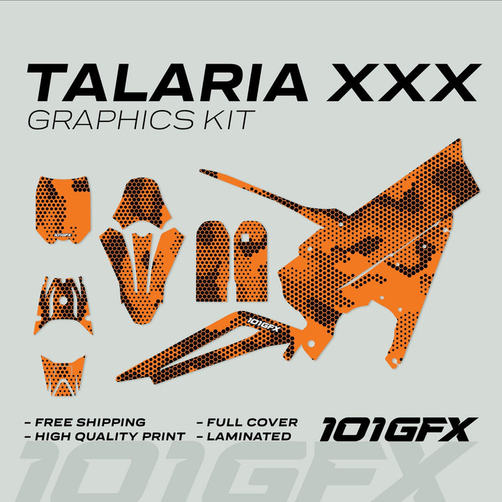 Talaria XXX Graphics Kit HEXOCAM Orange: Die-cut decals with hexagonal dot-pattern, including fenders and shrouds. Features include high-quality print, full cover, and lamination.