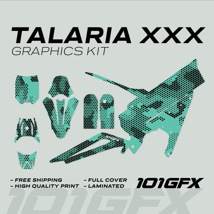 Talaria XXX Graphics Kit HEXOCAM Mint decals displayed, showcasing teal-black halftone pattern, designed for Talaria vehicles. Features highlighted: free shipping, high-quality, full cover, laminated.