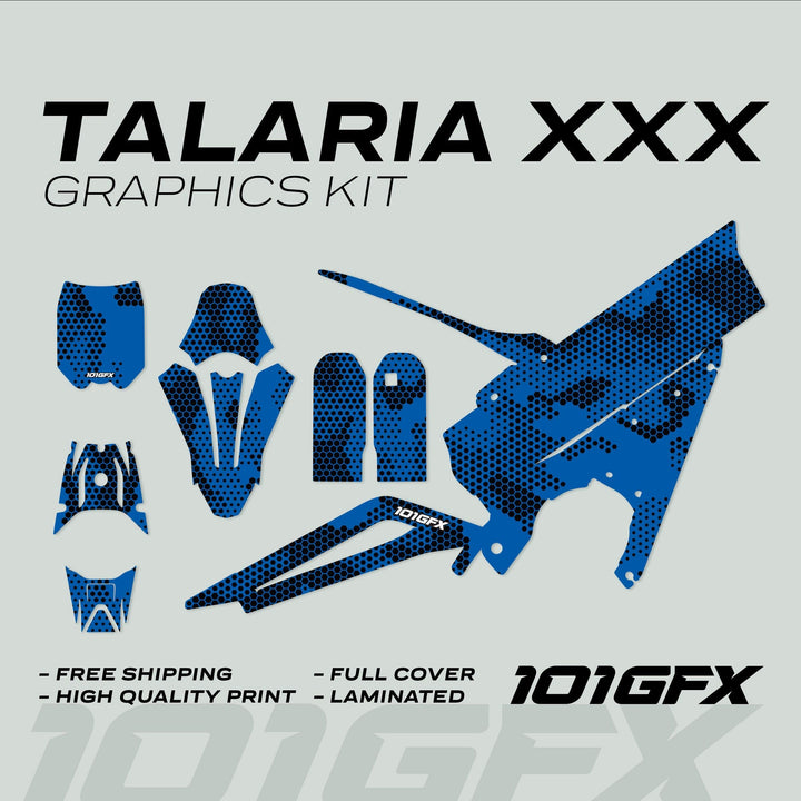 Talaria XXX Graphics Kit HEXOCAM Blue, featuring blue-black honeycomb vinyl decals for Talaria vehicles, includes fender plates and fork guards with high-quality, laminated finish.