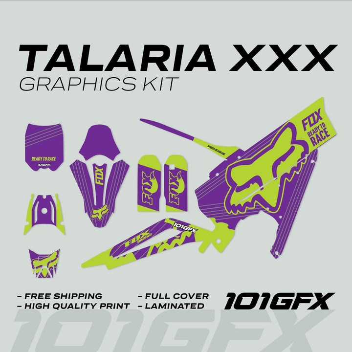 Talaria XXX Graphics Kit FOX STRIPES Purple Green laid out, showing full decal set for motocross bike with promotional highlights: free shipping, high quality, full cover, laminated.