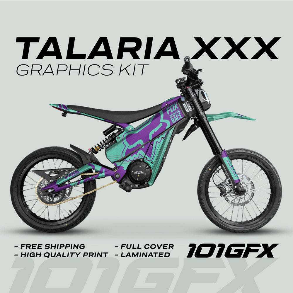 Talaria XXX Graphics Kit FOX STRIPES Purple Mint featuring teal and purple design, Free Shipping, High Quality Print, and 101GFX logo, offering full coverage and durability.