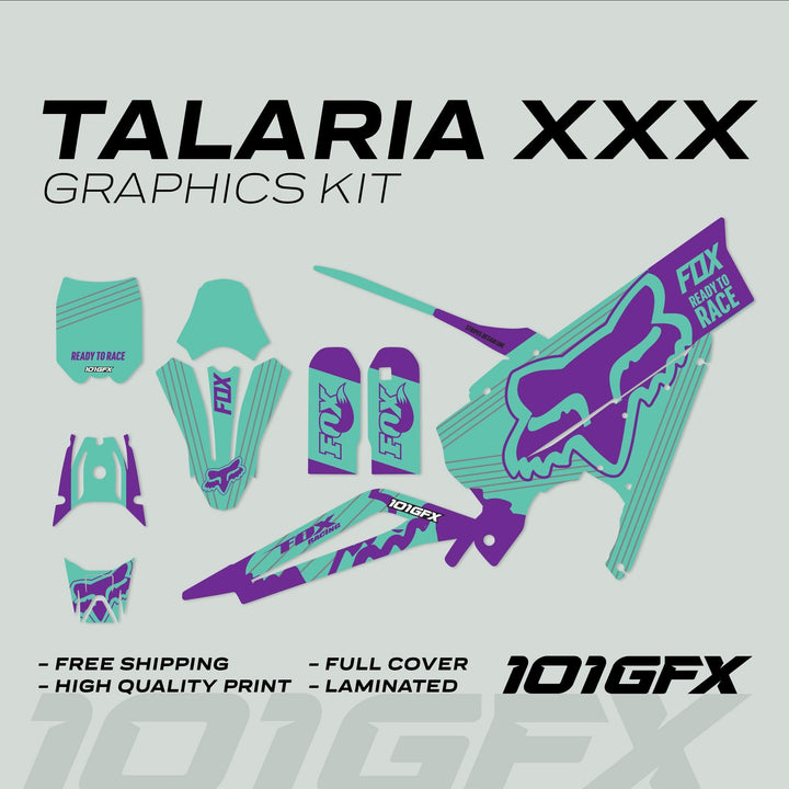 Talaria XXX Graphics Kit FOX STRIPES Purple Mint featuring teal and purple decals with Fox branding, designed for Talaria bikes, includes free shipping and laminated protection.