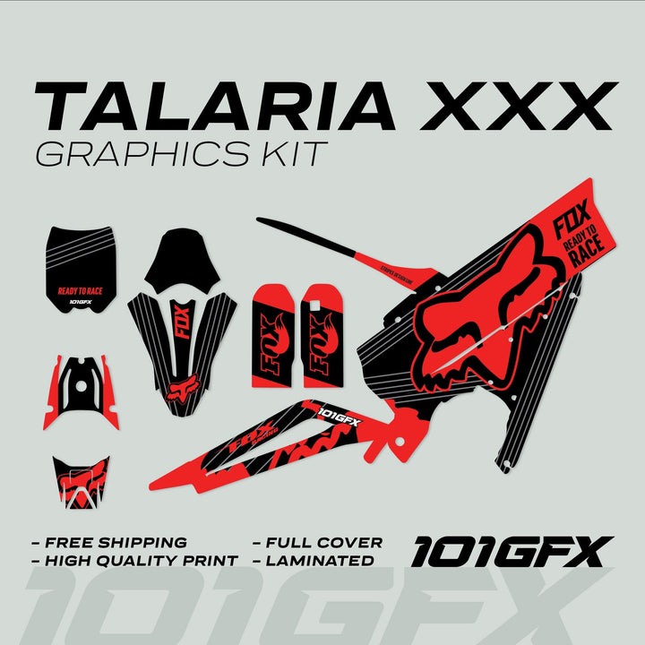 Talaria XXX Graphics Kit FOX STRIPES Black Red, featuring pre-cut decals like fork-leg guards and number-plate, displayed with marketing highlights and product benefits.