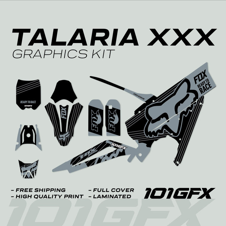 Talaria XXX Graphics Kit FOX STRIPES Black Grey laid out, showcasing fork guards, shrouds, side panels with durable, full coverage, and high-quality print features.