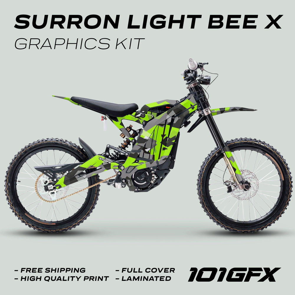 Surron Light Bee X Graphics Kit GEOTECH Green showcasing a camo design on an electric dirt-bike, highlighting features: free shipping, high-quality print, full cover, laminated.
