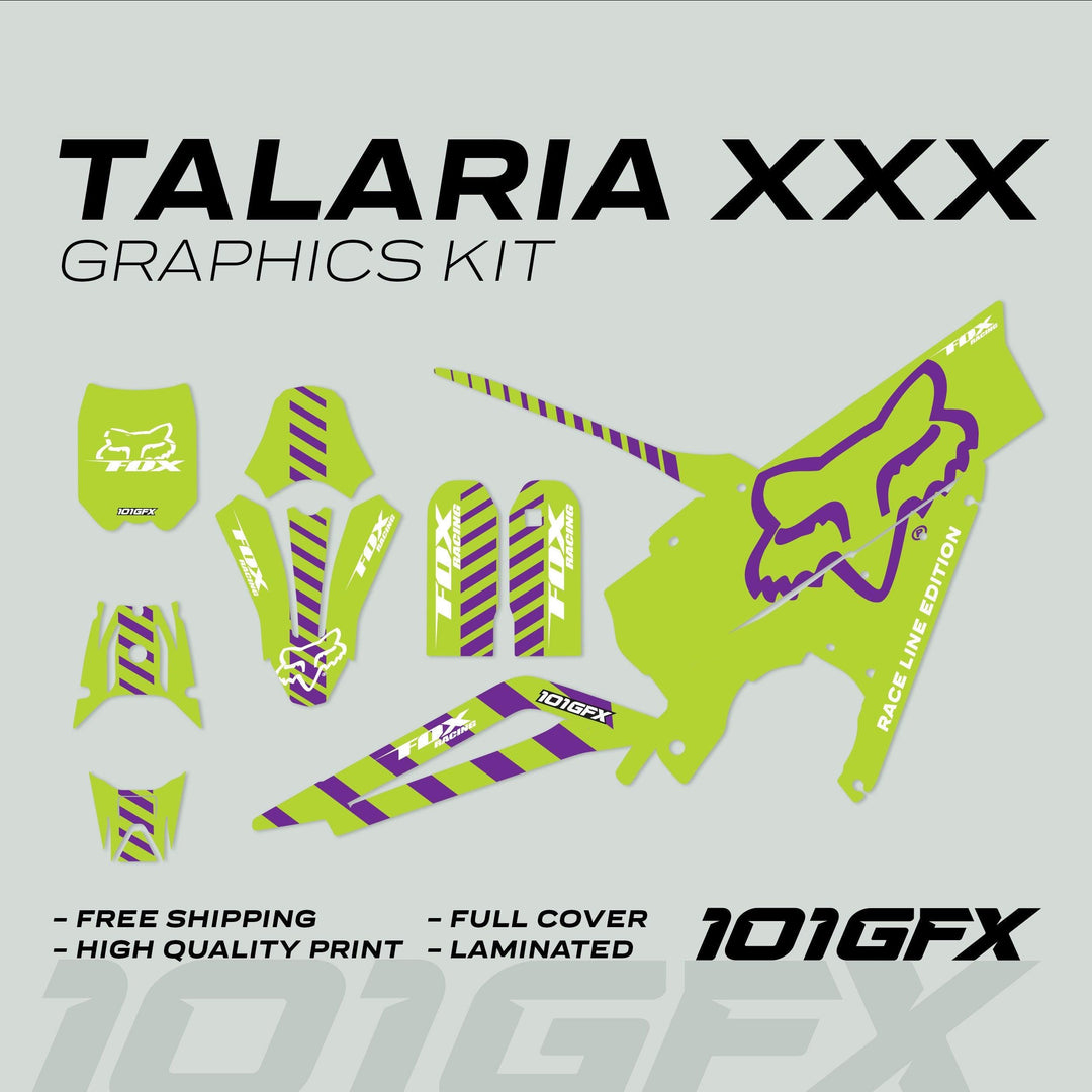 Talaria XXX Graphics Kit FOX RACELINE Green Purple, featuring neon-lime and purple decals for Talaria models, includes number plates, shrouds, fork guards, and side panels.
