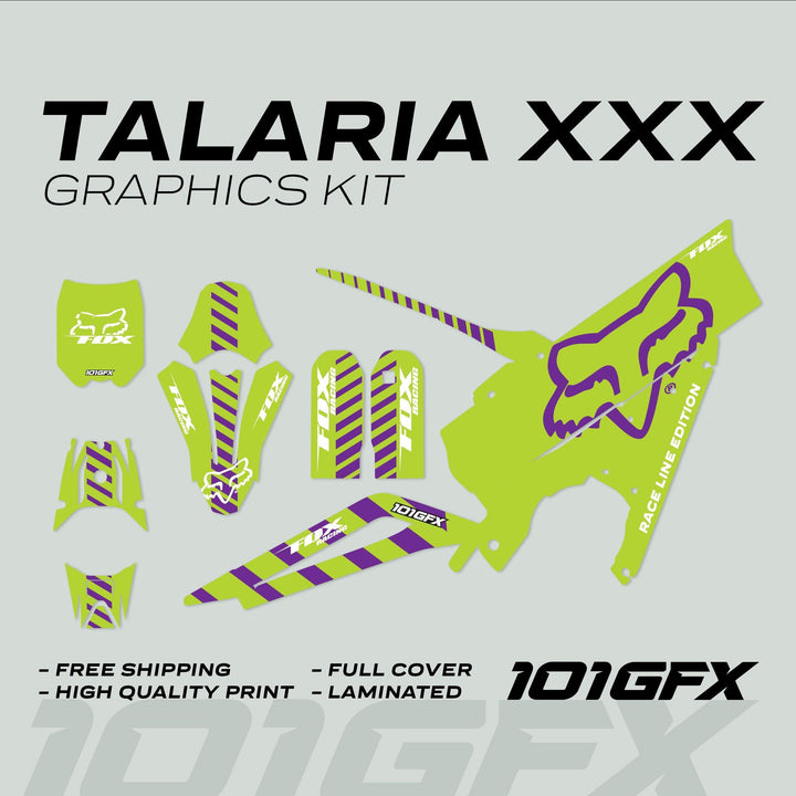Talaria XXX Graphics Kit FOX RACELINE Green Purple, featuring neon-lime and purple decals for Talaria models, includes number plates, shrouds, fork guards, and side panels.