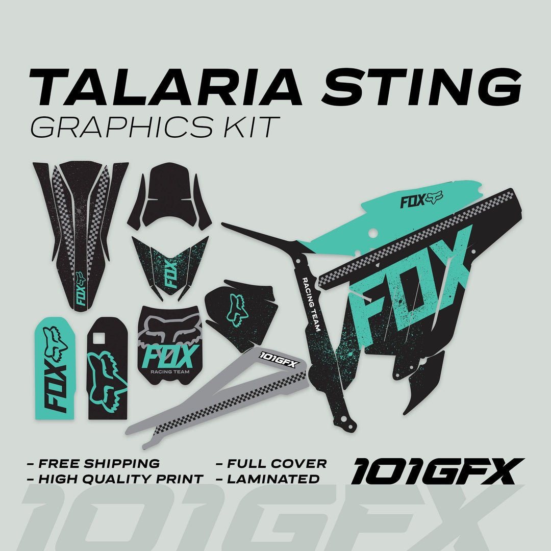 Talaria Sting MX3 MX4 Graphics Kit FOX DUST Black Mint decals laid out, featuring black mint design, FOX logos, and checkerboard accents. Includes fender, panel, and shroud covers.