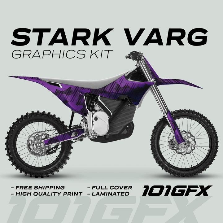Stark Varg Graphics Kit HEXOCAM Purple Decals on motocross bike, featuring durable, full-cover, laminated design; highlights include free shipping and high-quality print.