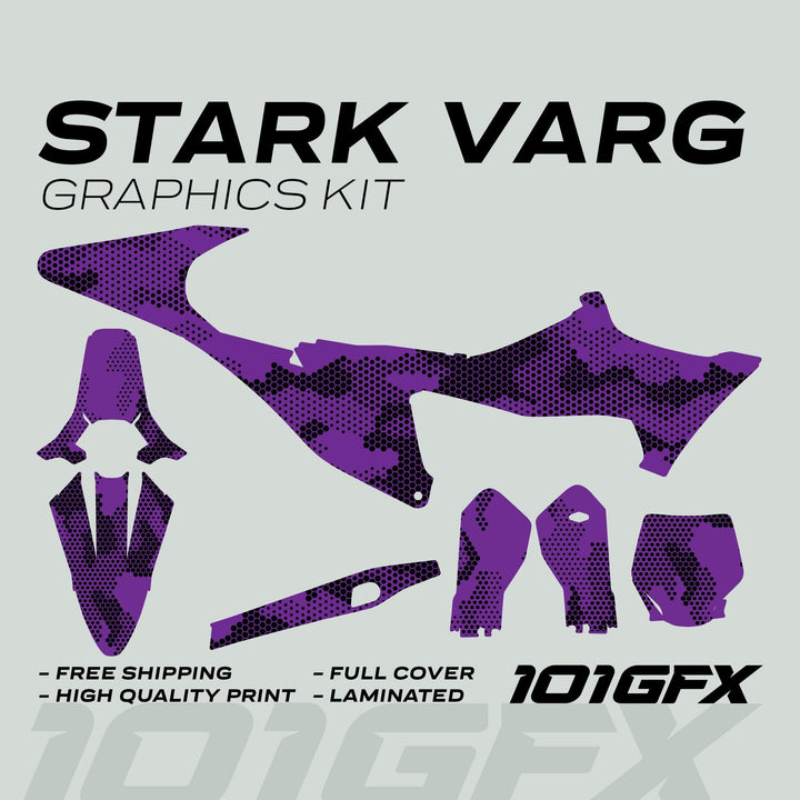 Stark Varg Graphics Kit HEXOCAM Purple Decals displayed with bike panel shapes, highlighting features like free shipping, high-quality print, full cover, and laminated finish.