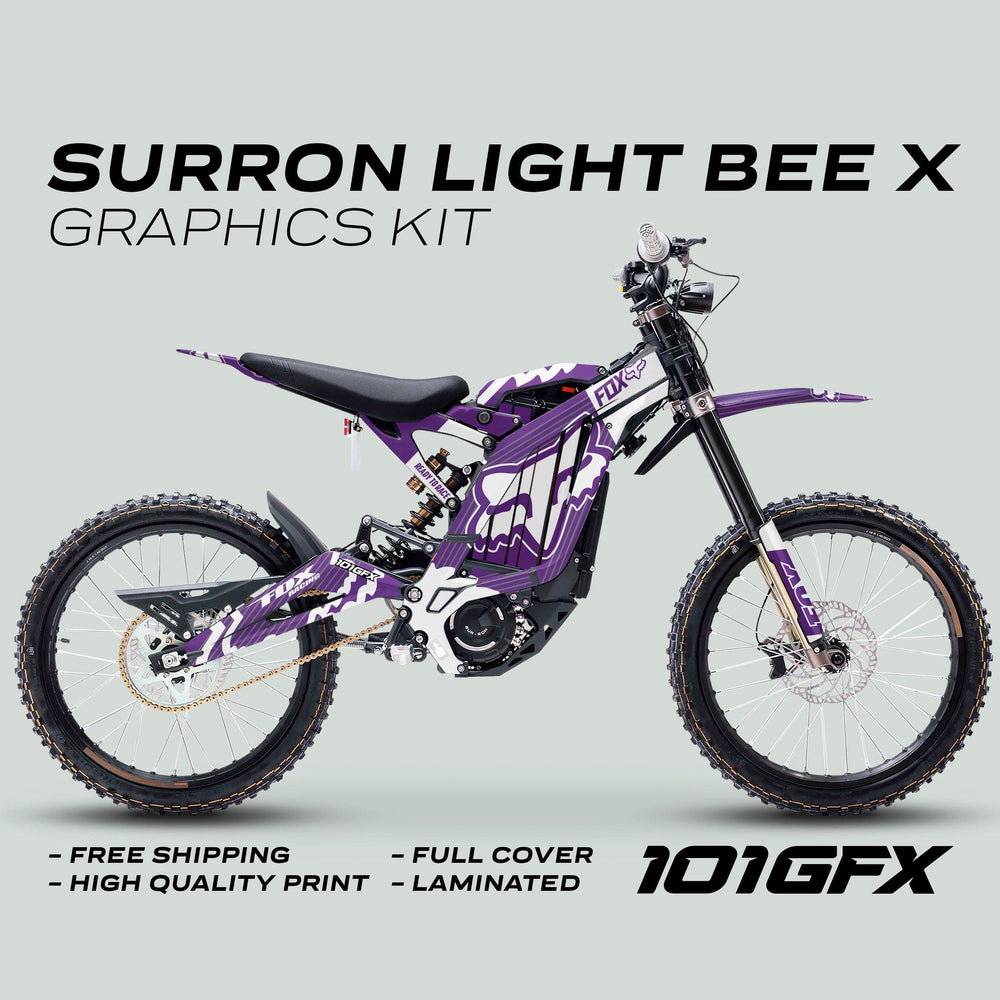 Surron Light Bee X Graphics Kit FOX STRIPES PURPLE White on electric dirt-bike, showcasing free shipping, high-quality print, full-cover application, and laminated finish.