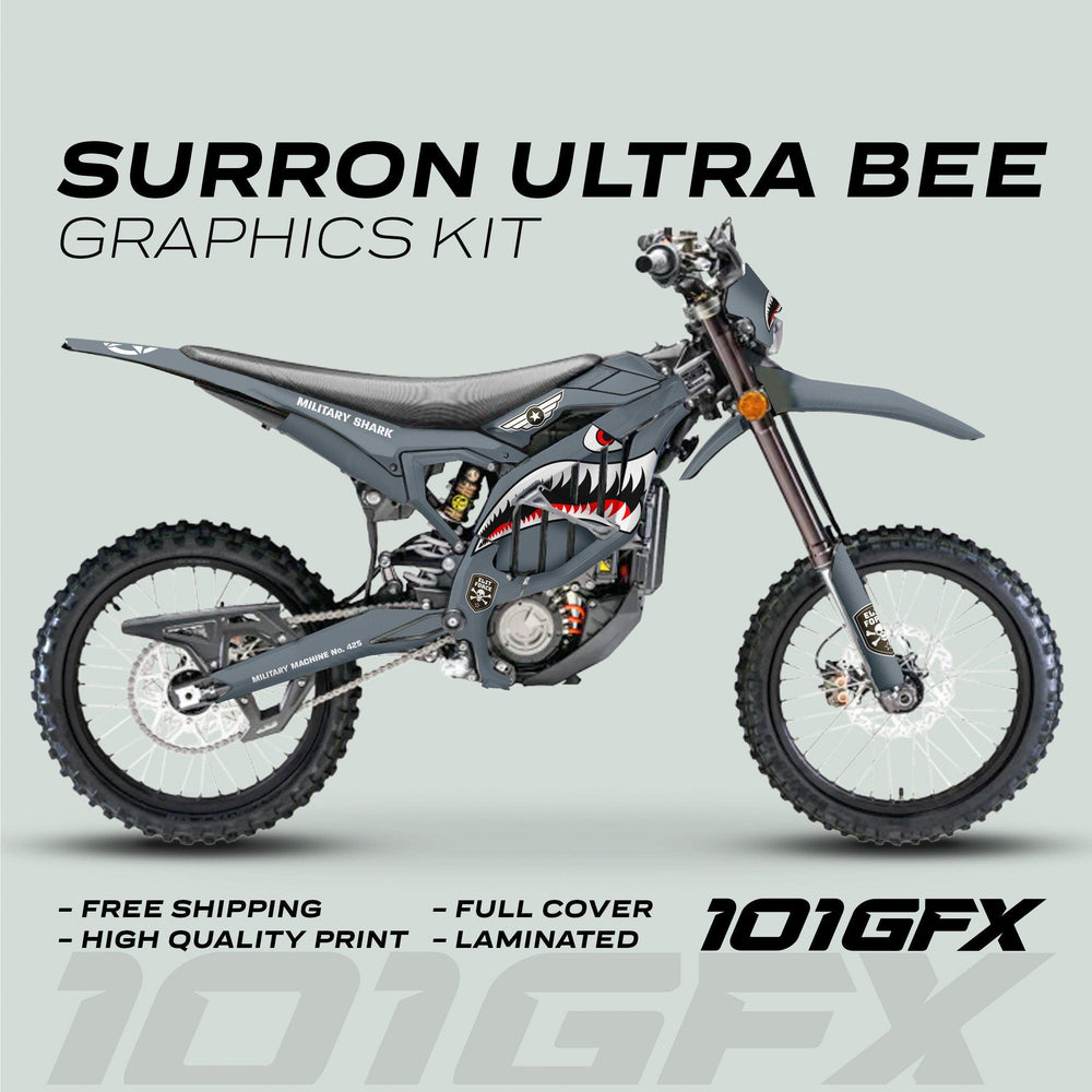 Surron Ultra Bee Graphics Kit MILITARY SHARK Grey army camouflage with shark-mouth theme, brand logo, and feature highlights on a grey Ultra Bee dirt bike.