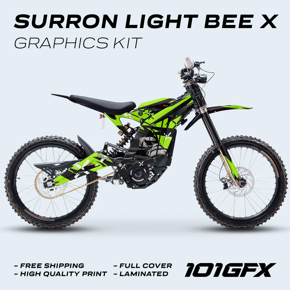 Surron Light Bee X Graphics Kit CRAZY MONKEY Green; full-cover green-and-black decals on electric dirt bike, featuring durability, high-quality print, and seamless fit. 101GFX logo shown.