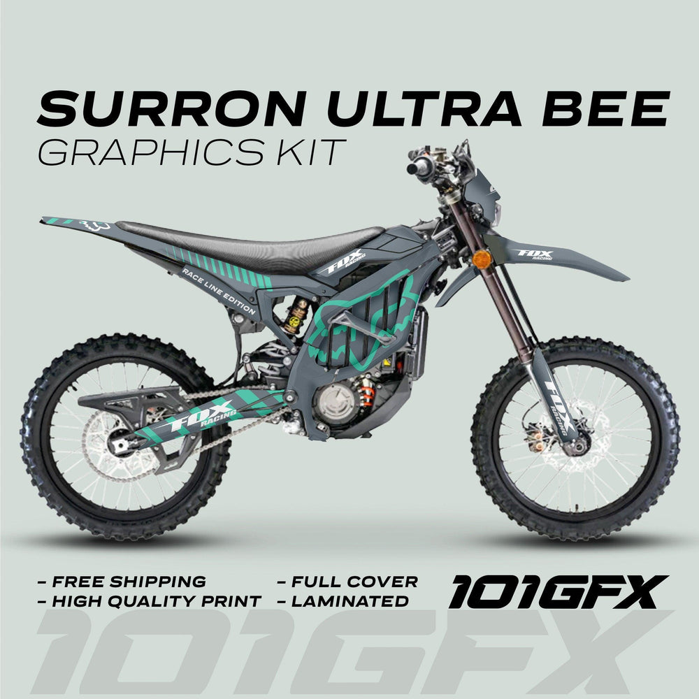 Surron Ultra Bee Graphics Kit FOX RACE LINE Grey Mint displayed on an off-road bike, featuring full-coverage, laminated decals with high-quality print and easy application.