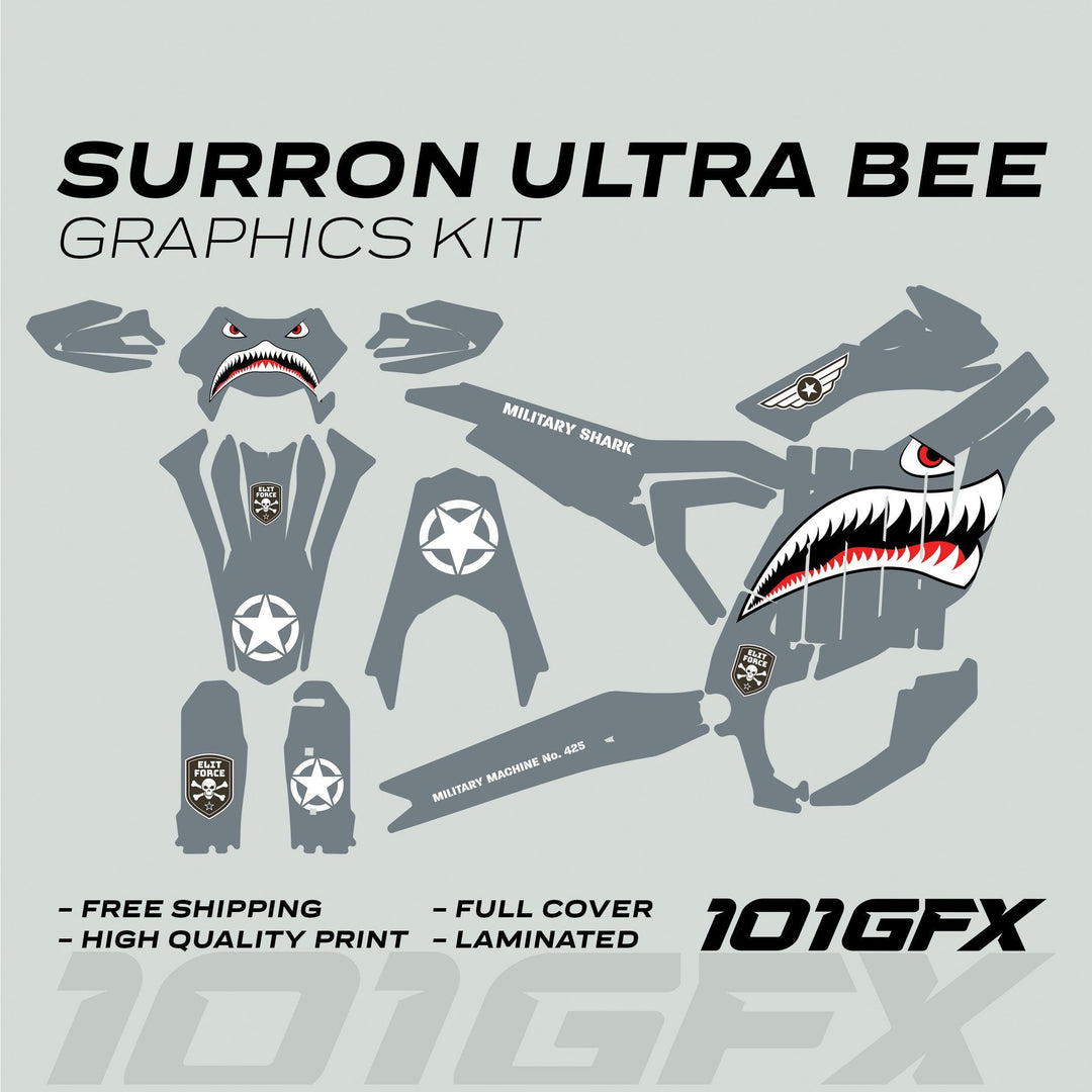 Surron Ultra Bee Graphics Kit MILITARY SHARK Grey army camouflage with shark mouth, star insignias, and ELITE FORCE emblems, designed for durability and easy application.