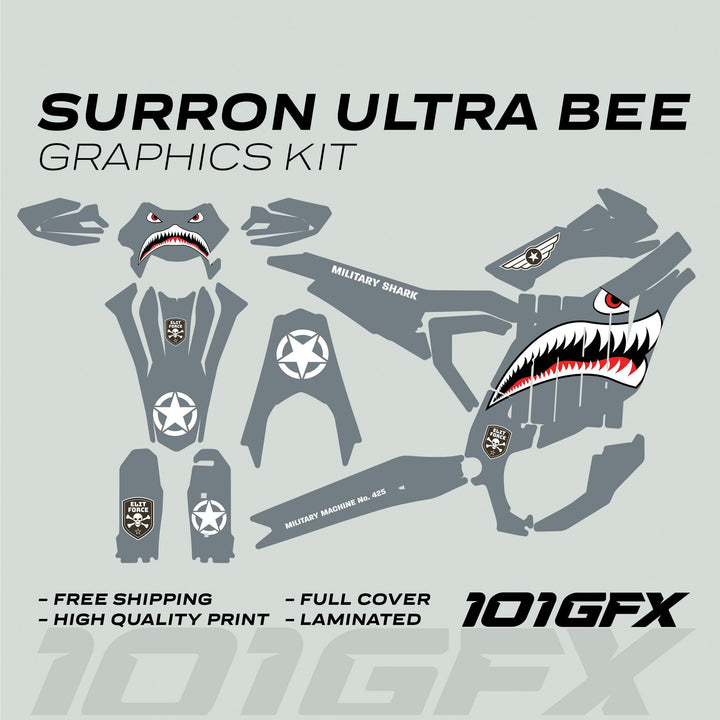 Surron Ultra Bee Graphics Kit MILITARY SHARK Grey army camouflage with shark mouth, star insignias, and ELITE FORCE emblems, designed for durability and easy application.
