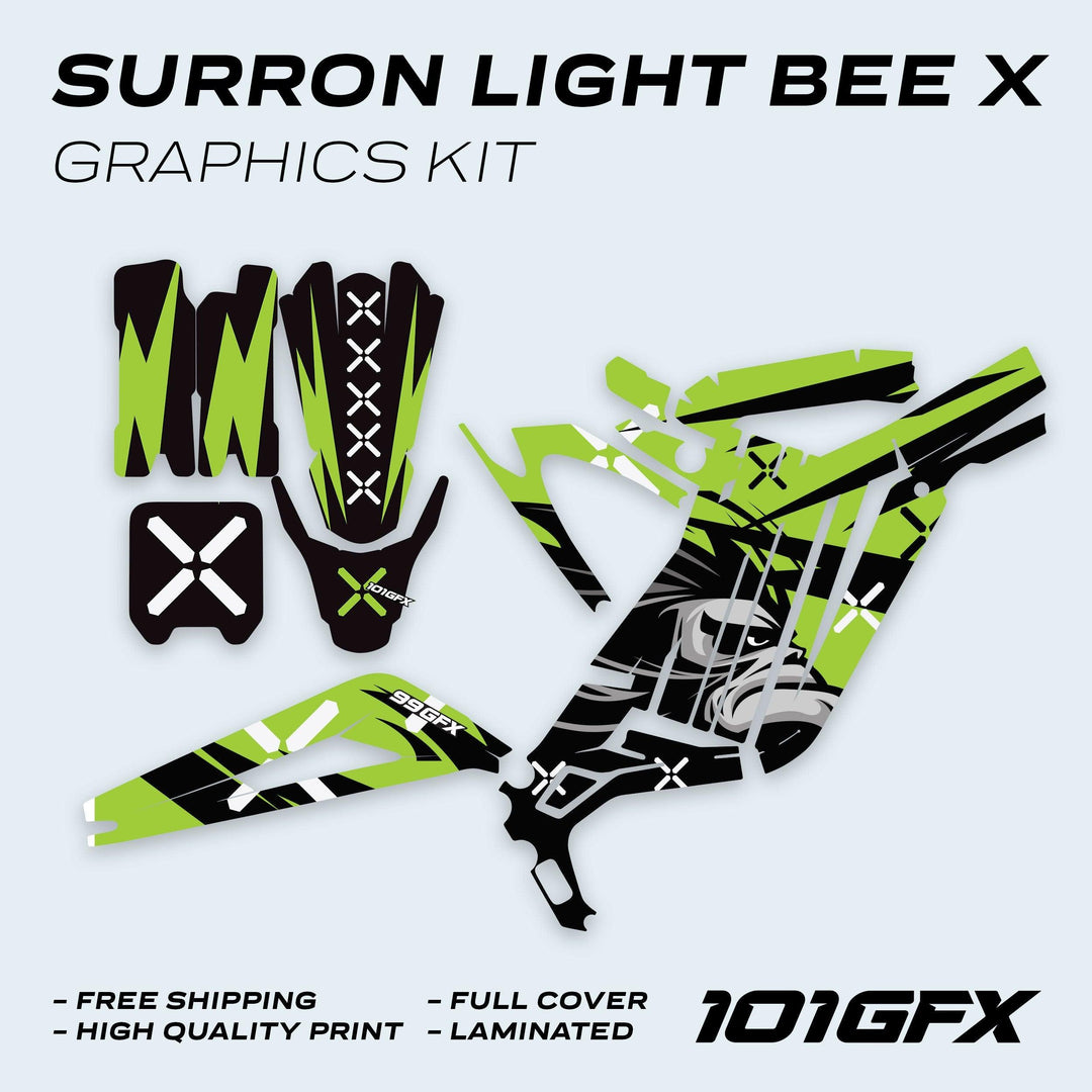 Surron Light Bee X Graphics Kit CRAZY MONKEY Green featuring cut-to-shape vinyl decals, green/black/white color scheme, comic-style artwork, highlighting durability and easy application.