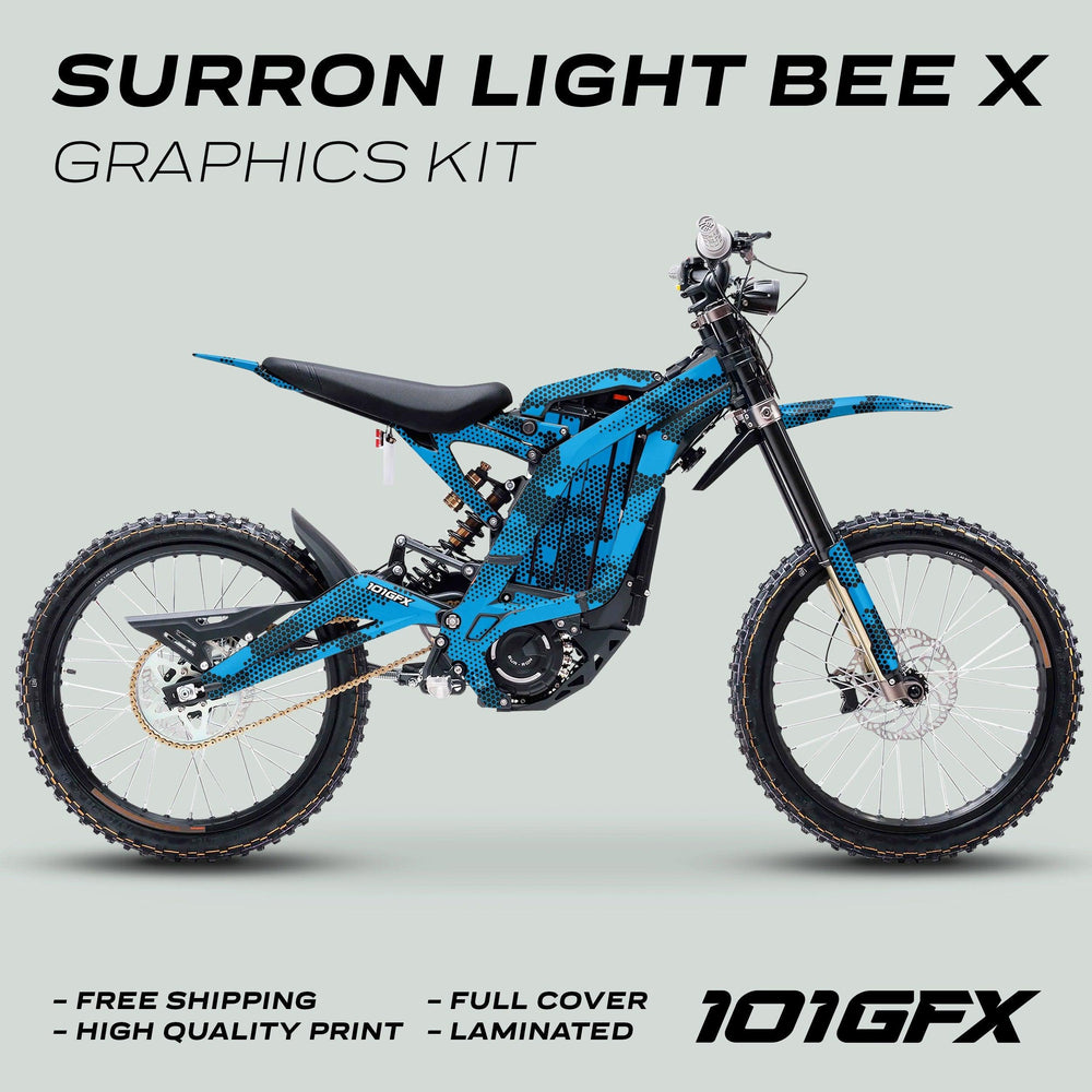 Surron Light Bee X Graphics Kit HEXOCAM Cyan, featuring a blue dot-pattern wrap, showcased on the bike with highlights: free shipping, high-quality, full cover, laminated.
