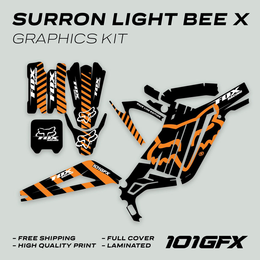 Surron Light Bee X Graphics Kit FOX RACE LINE Black Orange laid out, featuring die-cut vinyl pieces with FOX Head logo and Racing Team text.