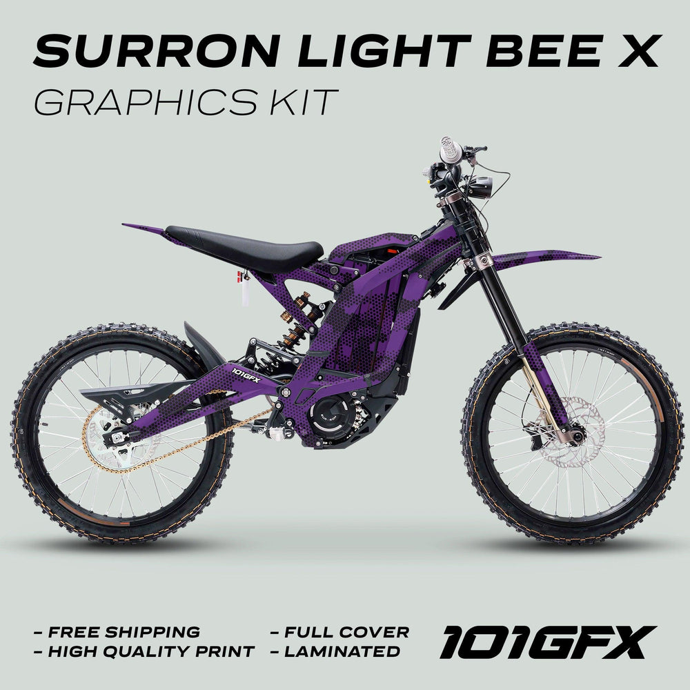 Surron Light Bee X Graphics Kit HEXOCAM Purple on electric dirt-bike, showcasing full-cover decal, promoting customization, durability, and protection, with free shipping highlighted.