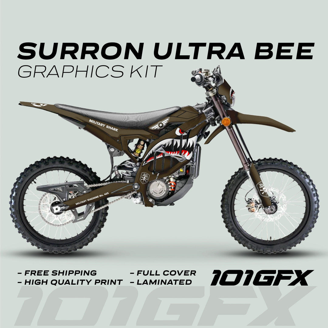 Surron Ultra Bee Graphics Kit MILITARY SHARK Brown army camouflage, featuring shark-mouth livery, dark panels, and stencil markings, offers full coverage and durable protection.