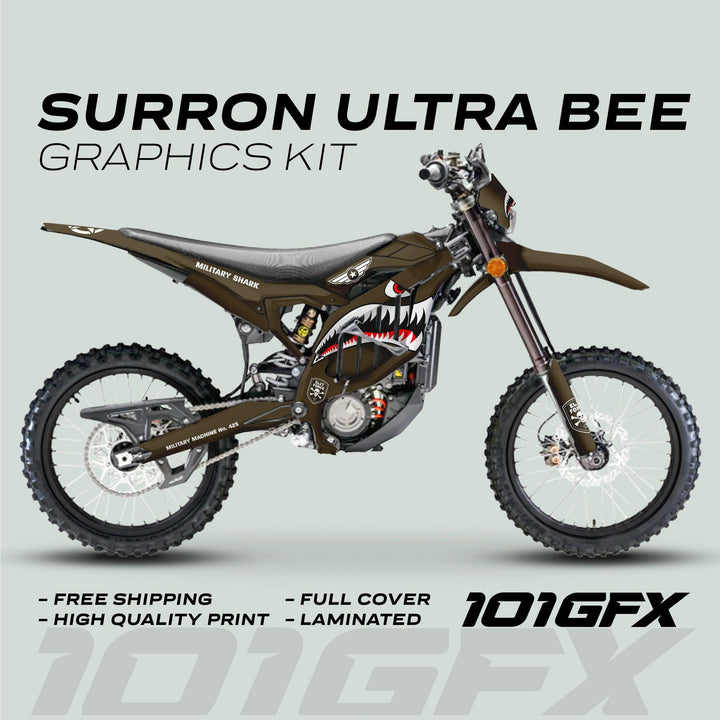 Surron Ultra Bee Graphics Kit MILITARY SHARK Brown army camouflage, featuring shark-mouth livery, dark panels, and stencil markings, offers full coverage and durable protection.