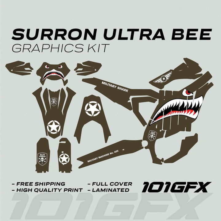 Surron Ultra Bee Graphics Kit MILITARY SHARK features olive-drab shark-mouth design, red eyes, white star insignia, and protective, laminated die-cut panels for full bike coverage.