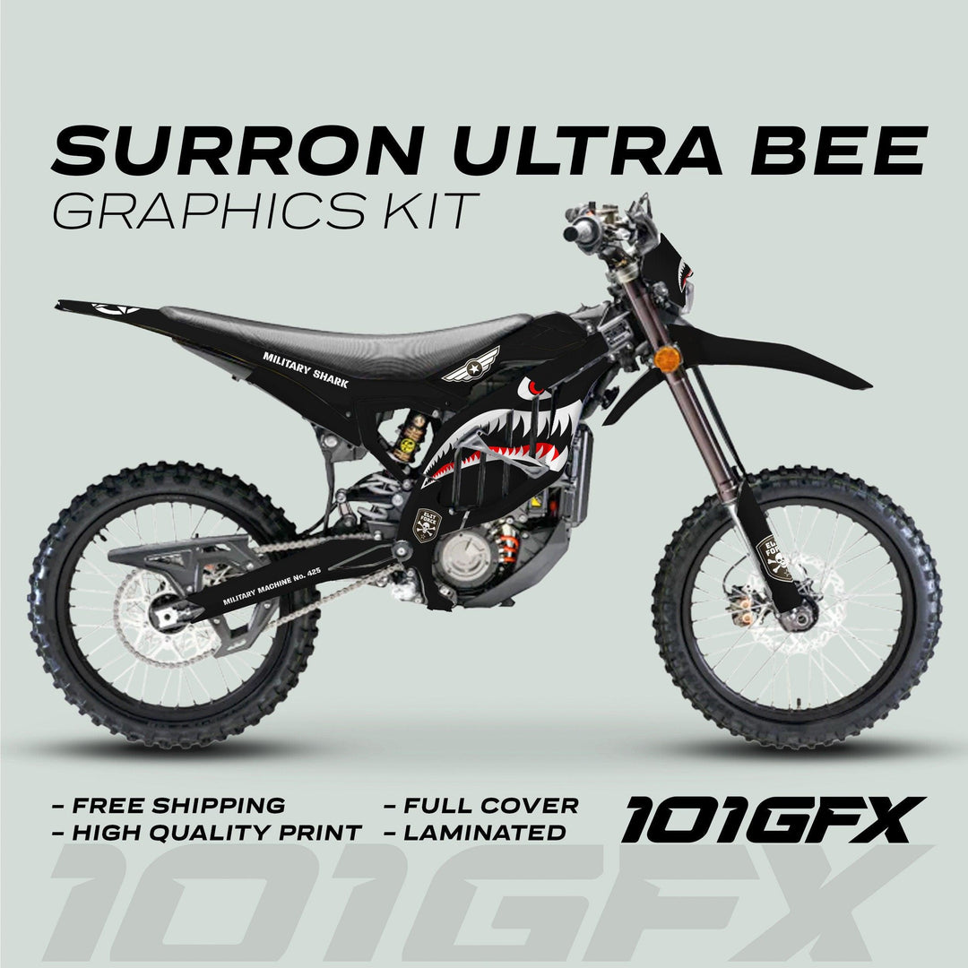 Surron Ultra Bee Graphics Kit MILITARY SHARK Black army camouflage with shark-mouth, winged star, skull logos; highlights free shipping, high-quality print, full-coverage, laminated finish.