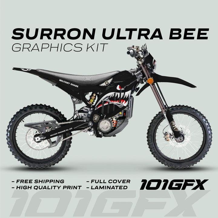Surron Ultra Bee Graphics Kit MILITARY SHARK Black army camouflage with shark-mouth, winged star, skull logos; highlights free shipping, high-quality print, full-coverage, laminated finish.