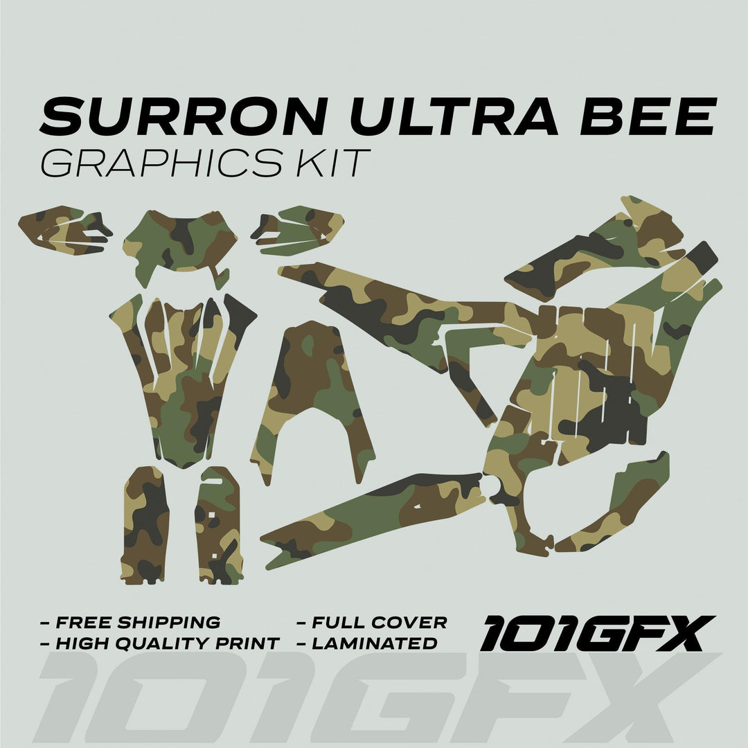 Surron Ultra Bee Graphics Kit CAMOUFLAGE Military design, camo-patterned decals for electric dirt bike, featuring full cover, glossy laminated finish, and free shipping promotion.