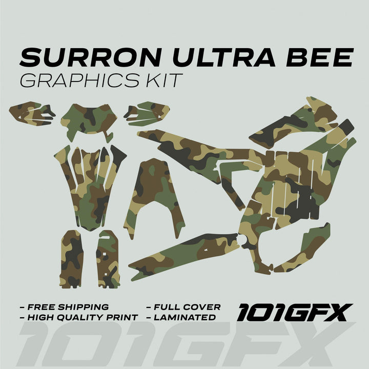 Surron Ultra Bee Graphics Kit CAMOUFLAGE Military design, camo-patterned decals for electric dirt bike, featuring full cover, glossy laminated finish, and free shipping promotion.