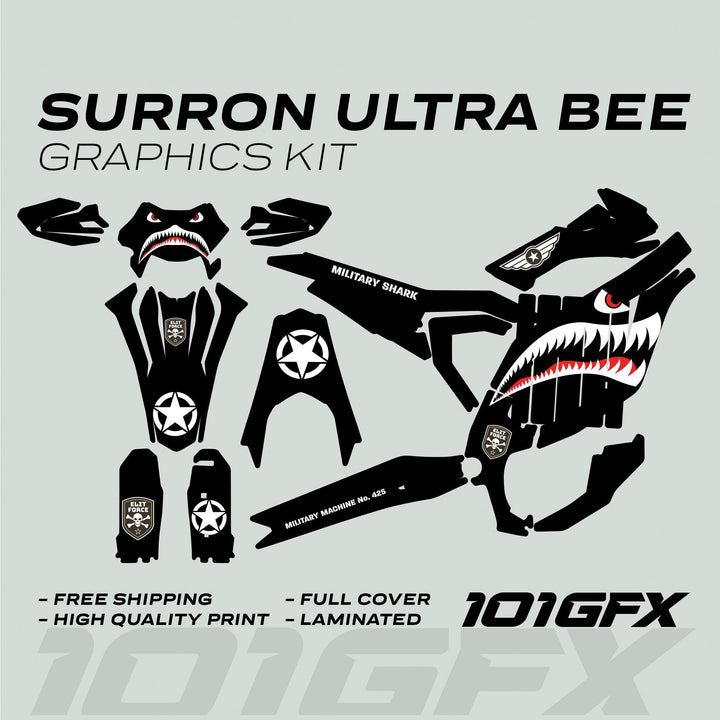 Surron Ultra Bee Graphics Kit MILITARY SHARK Black army camouflage featuring shark mouth, star insignia, and skull patches for a bold, custom bike aesthetic.