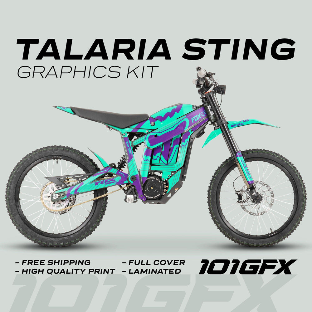 Talaria Sting MX3 MX4 Graphics Kit with teal-and-purple decals on electric dirt-bike; features free shipping, high-quality print, full coverage, and lamination.