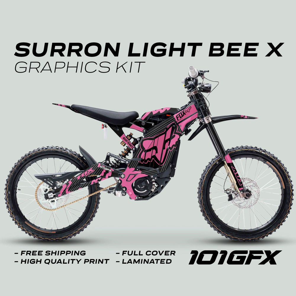Surron Light Bee X Graphics Kit FOX STRIPES BLACK Pink displayed on an electric bike with pink-and-black fox motif decals, promoting free shipping and high-quality laminated finish.